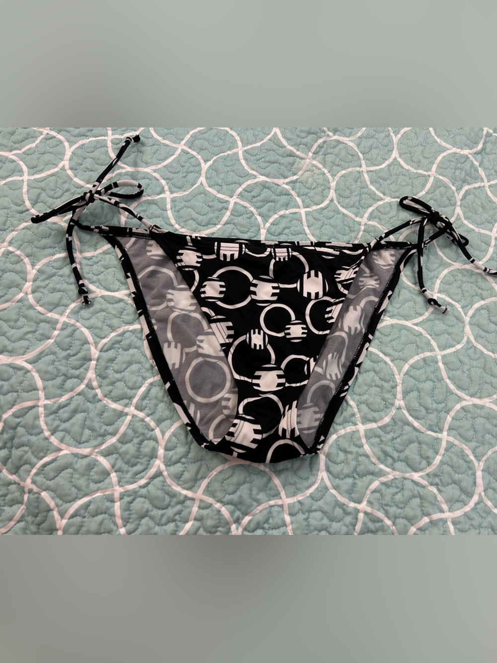 Victoria's Secret Black & White Graphic String Tie Bikini Bottom (Medium)